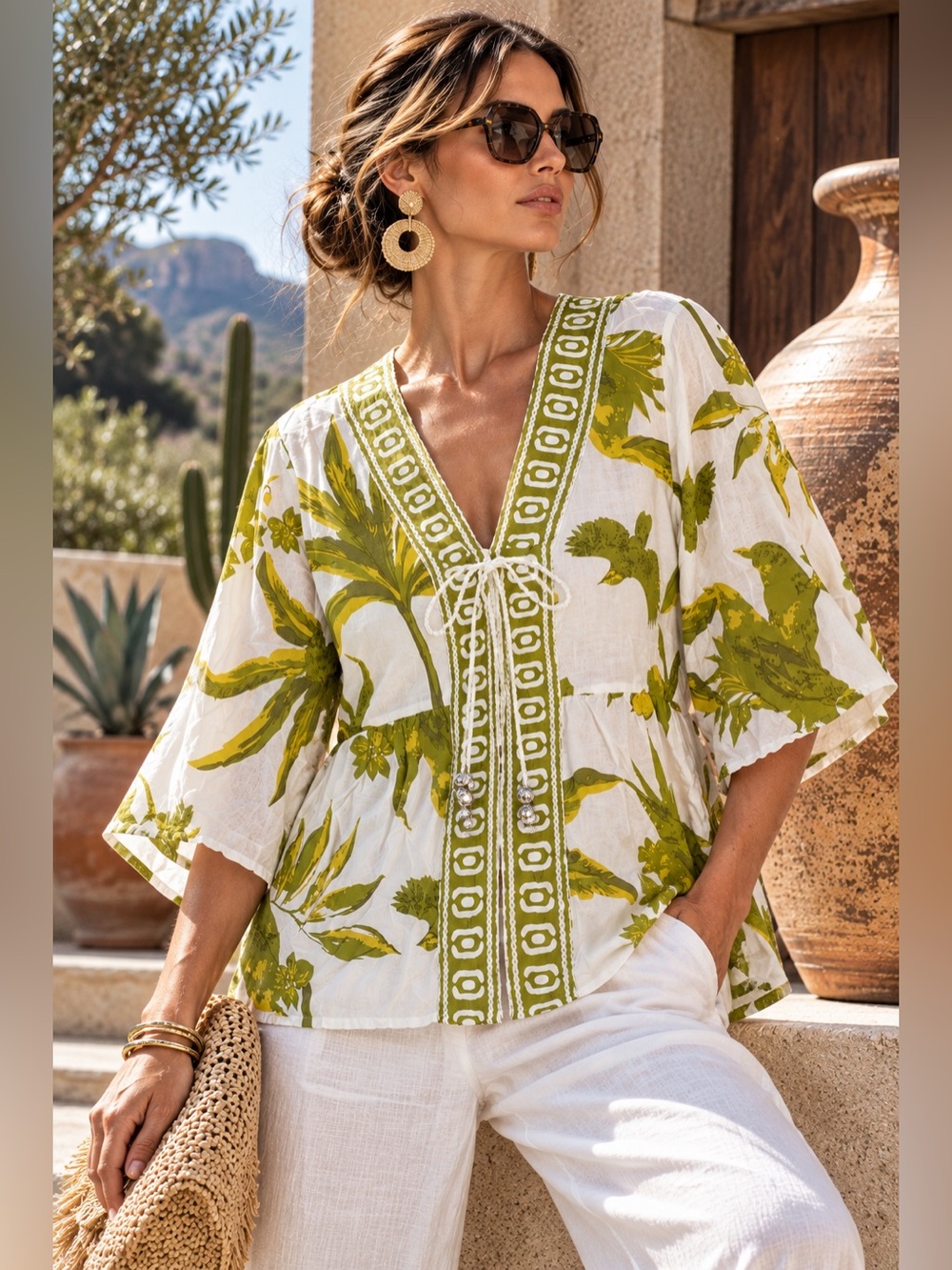Mlle Gabrielle Tropical Floral Bird Print Beaded Tassel Tie Front Tunic Top Boho